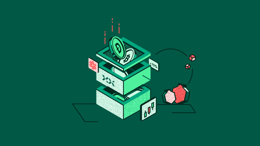A stack of green boxes with coins Description automatically generated